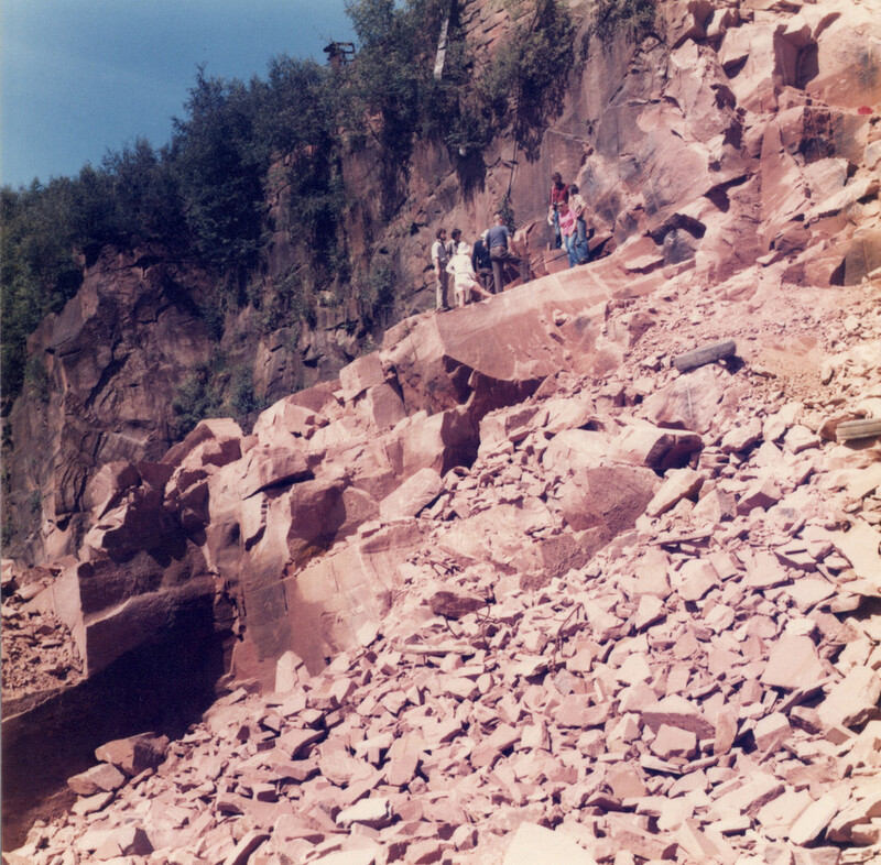 The worked face in a quarry of the Locharbriggs Cluster, photographed in 1984.