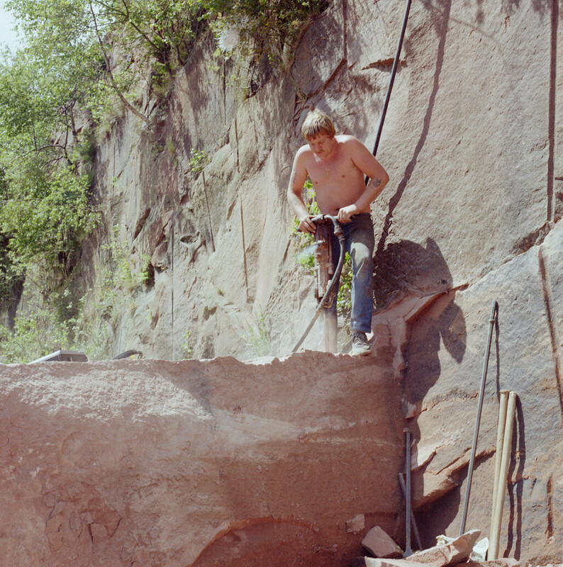 Extracting sandstone in a quarry of the Locharbriggs Cluster, photographed in 1984.