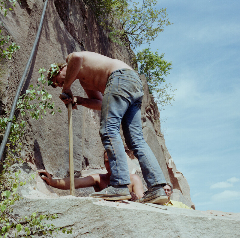 Extracting sandstone in a quarry of the Locharbriggs Cluster, photographed in 1984.