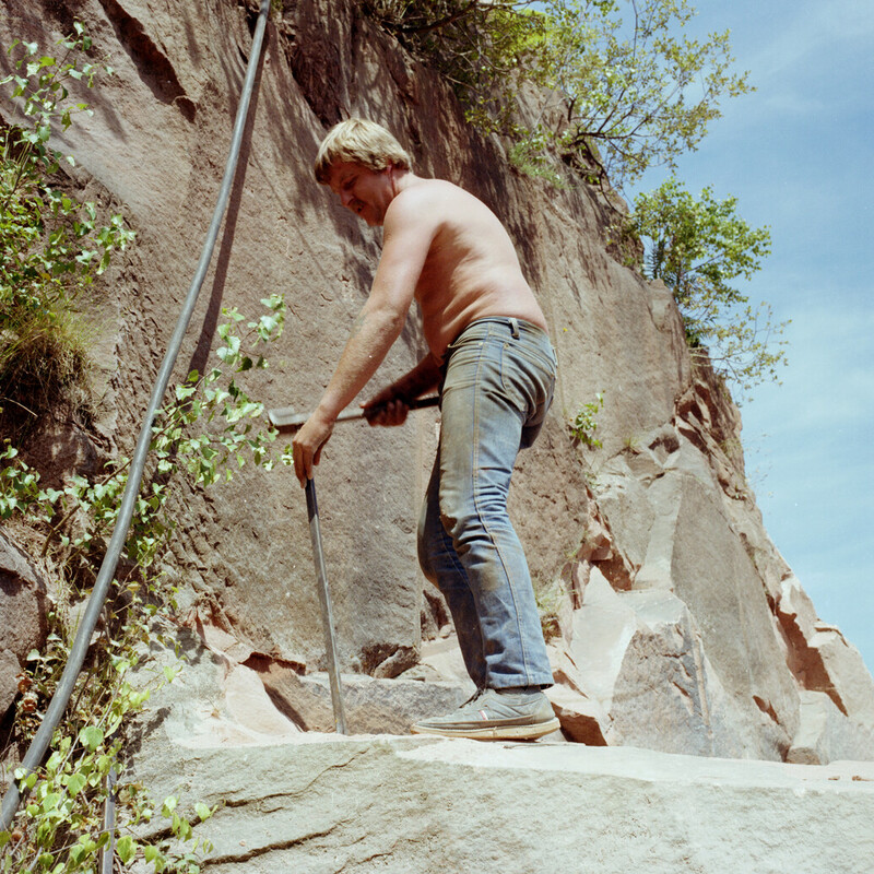 Extracting sandstone in a quarry of the Locharbriggs Cluster, photographed in 1984.