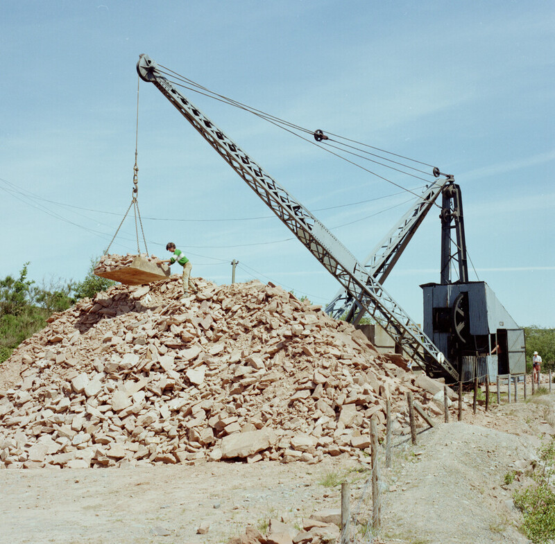Winching sandstone out of a quarry in the Locharbriggs Cluster, photographed in 1984.